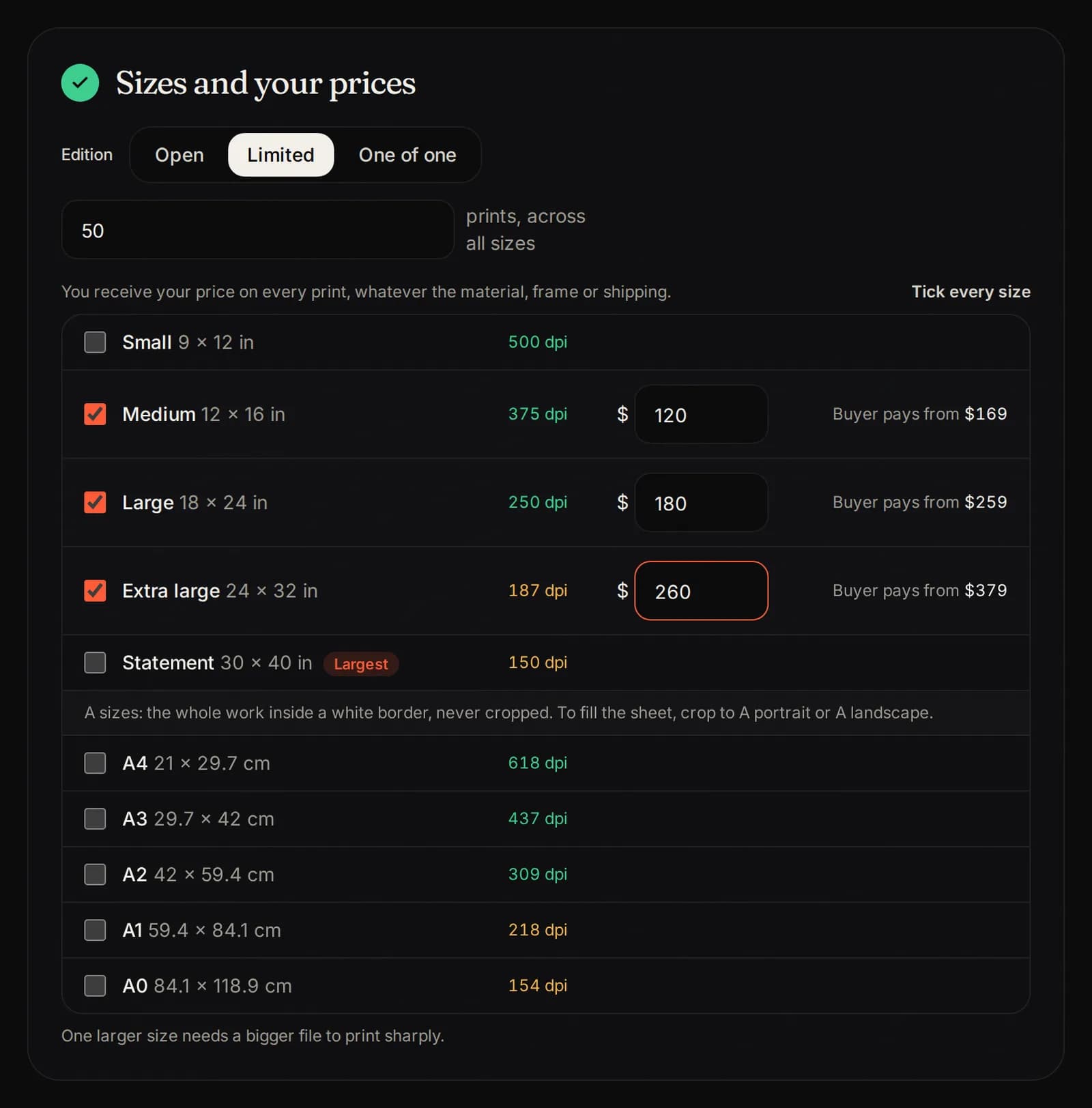 3. Edition, sizes and prices