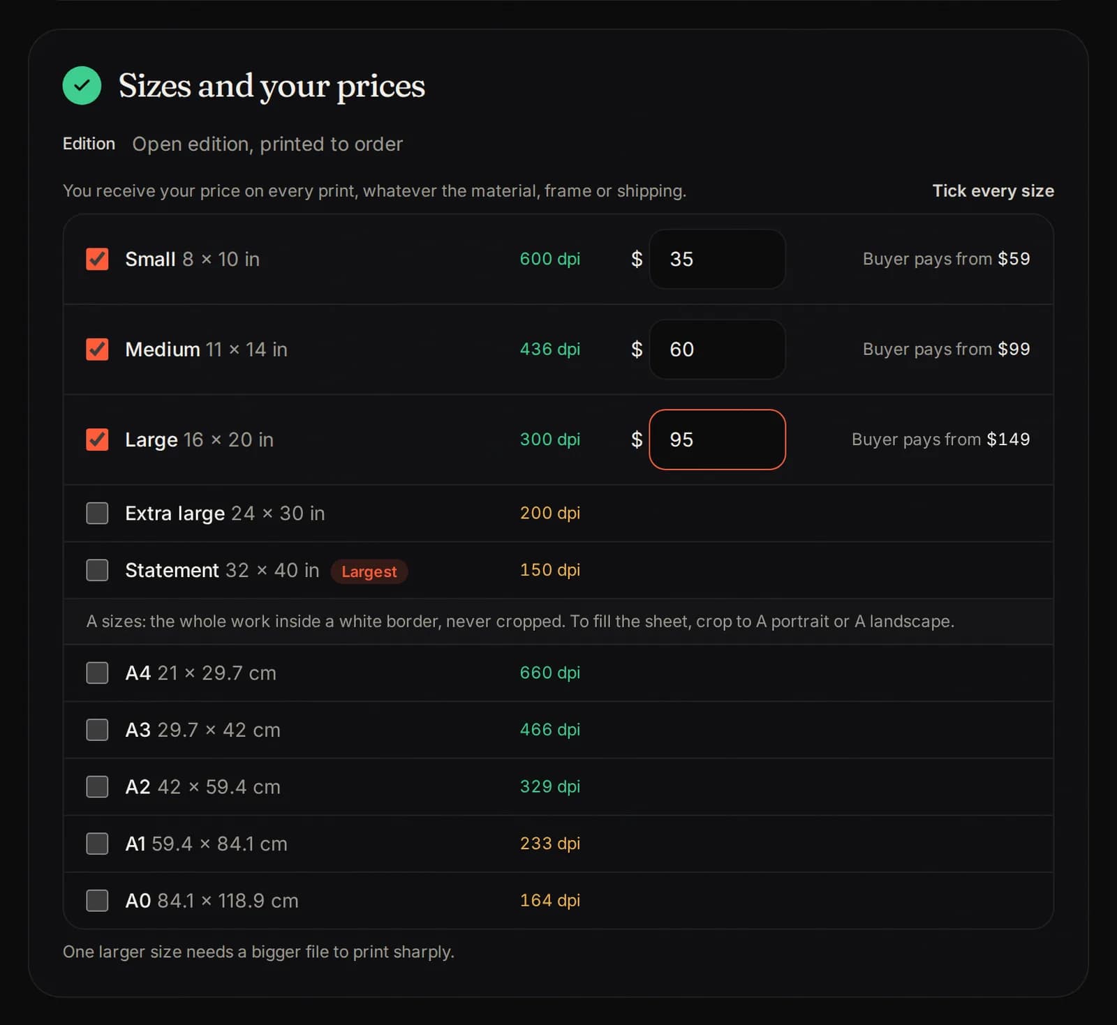 3. Sizes and your prices